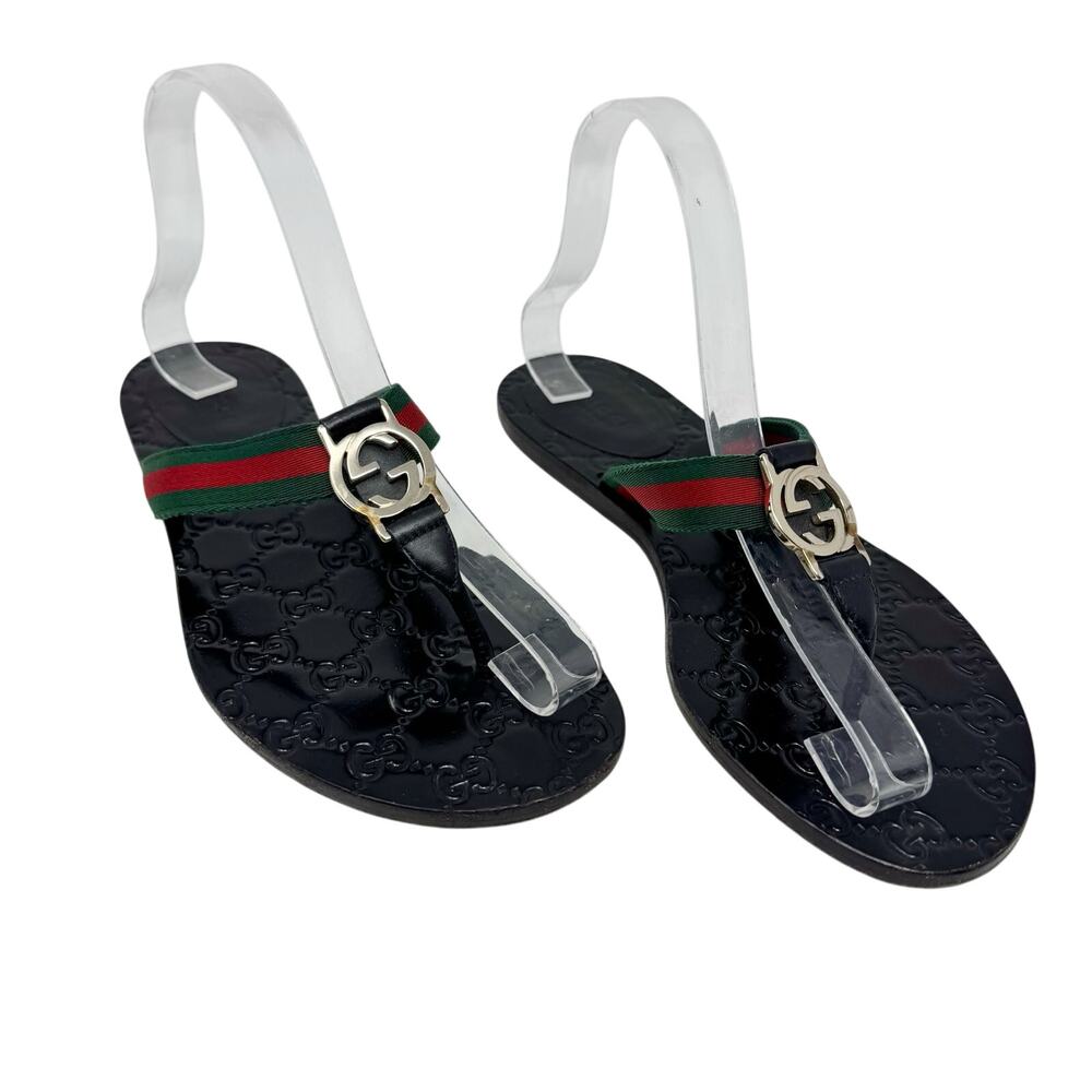 Gucci Kika Thong Sandals Women’s 37.5 Black Guccissima Web Strap GG Logo Flats